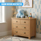 A wooden 4-drawer dresser with a light wood finish, featuring a minimalist design with a flat top and four drawers with brass hardware. - UKBuyZone