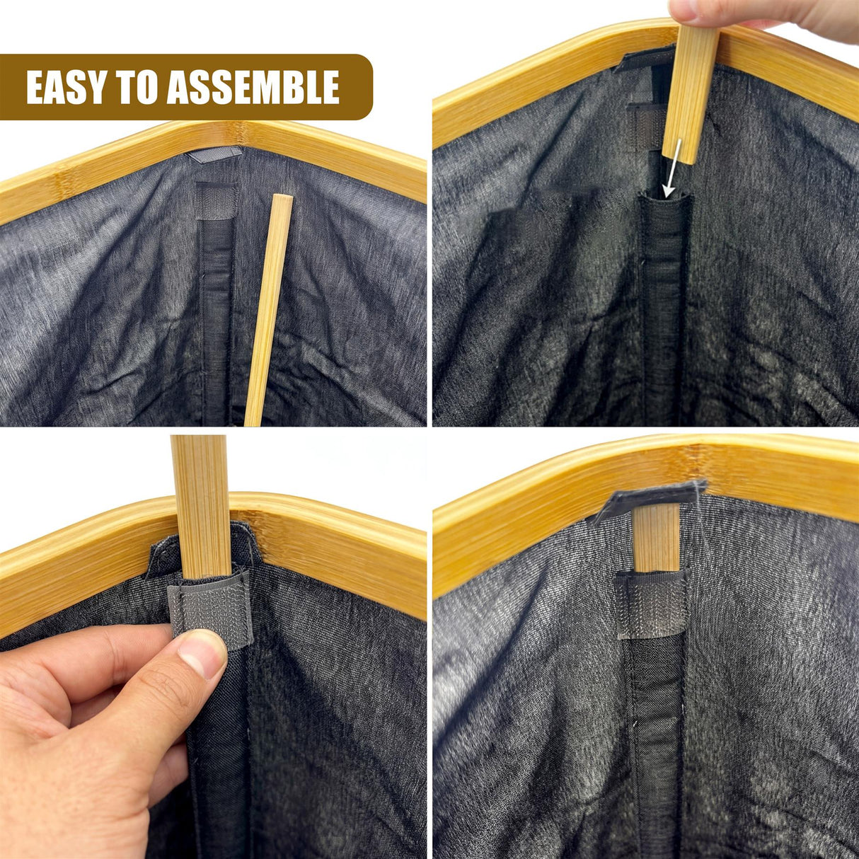 The hamper interior shows a wooden dowel partially inserted to demonstrate assembly.
A hand guides a wooden dowel into the top opening of the collapsible hamper structure.
A hand pulls the wooden support dowel completely out of the internal hamper frame.
The wooden support dowel is fully inserted, maintaining the open structure of the hamper.