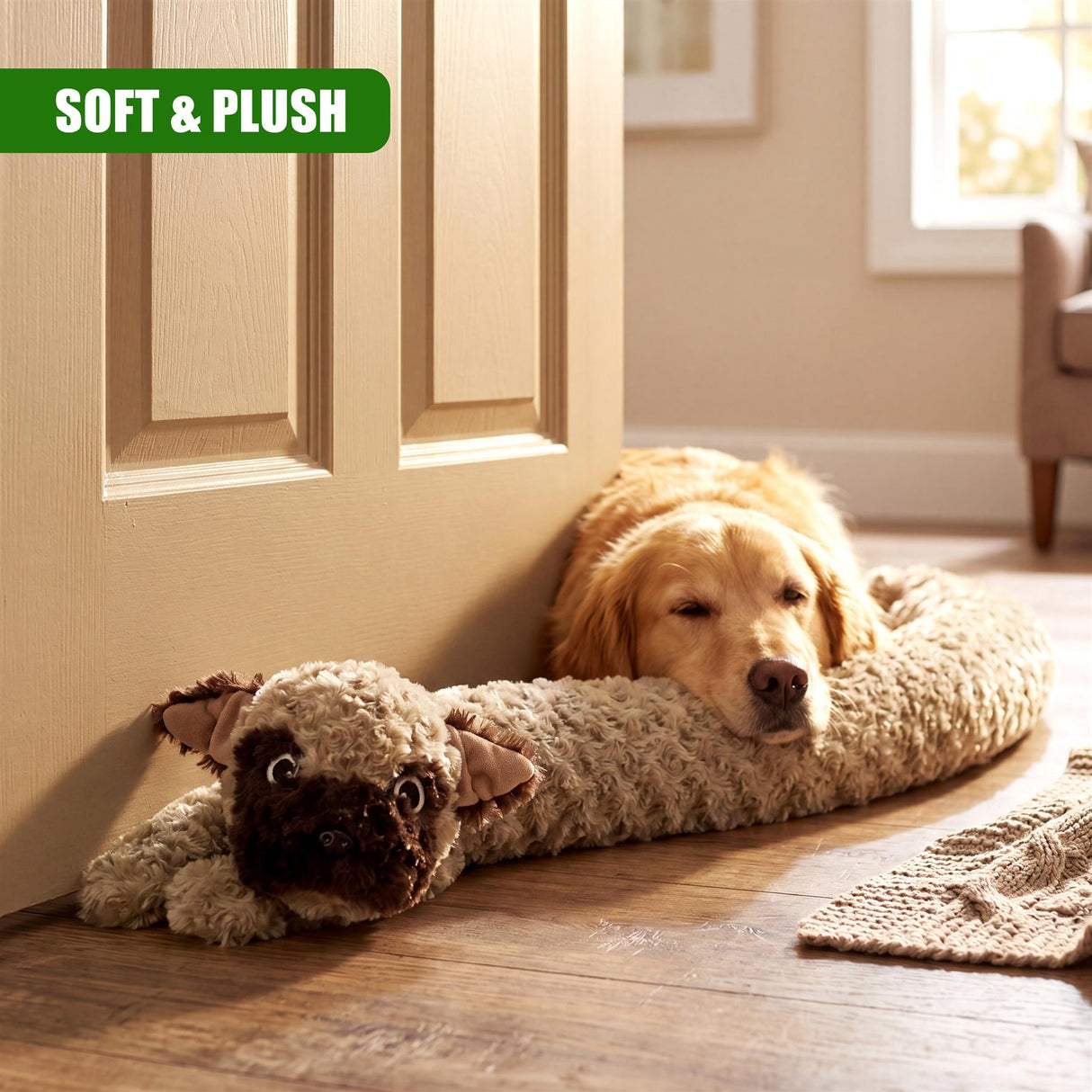 A stuffed dog draught excluder rests against a door frame on a hardwood floor.