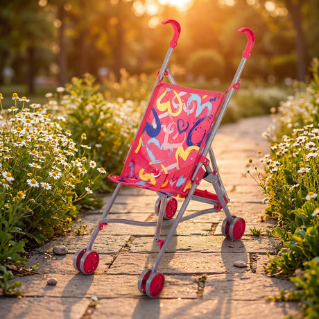 Red patterned baby buggy resting on a stone path amid blooming white and yellow wildflowers.