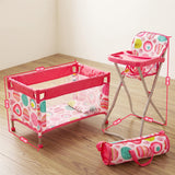 Three-piece pink baby travel set including a portable cot, a high chair, and matching carry bag.