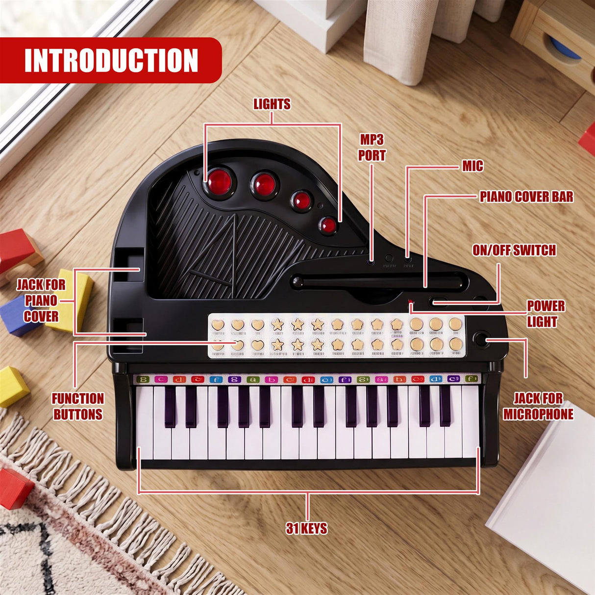 Black Electronic Piano With Microphone and Stool