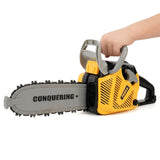 Child's toy yellow and gray power chainsaw with "Conquering" text.
