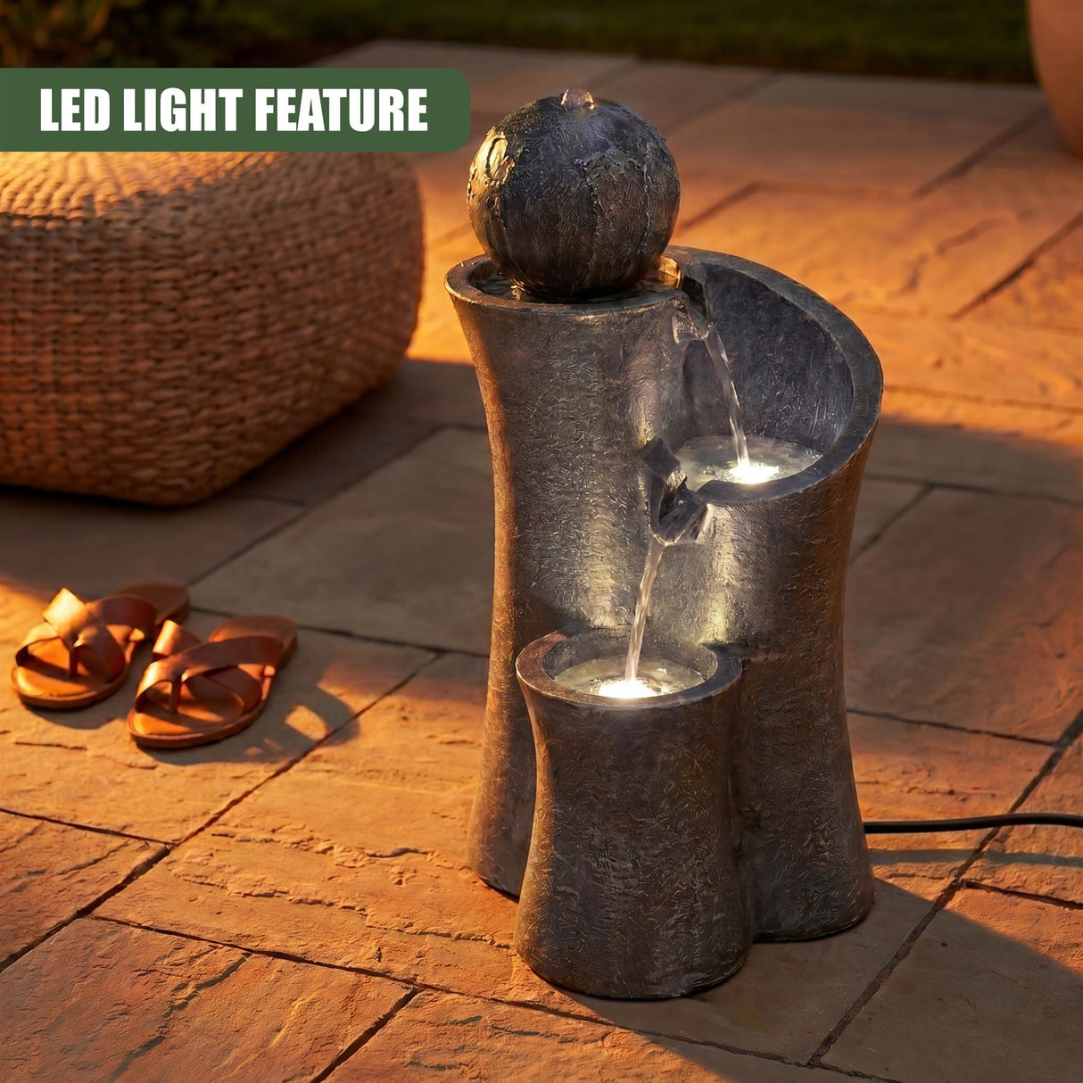 Solar Water Feature with Sphere on Top & LED Lights