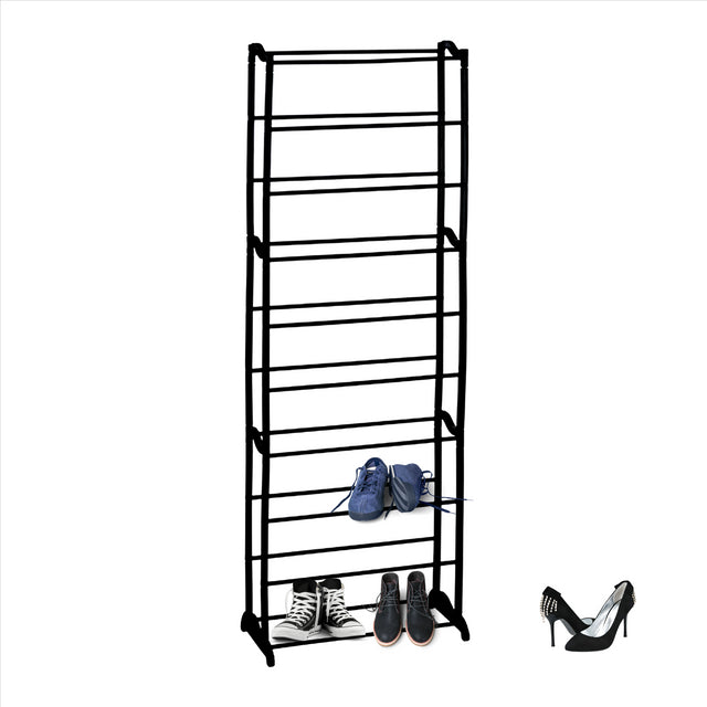 Geezy 10 tier shoe rack displaying multiple pairs of shoes and a single handbag.