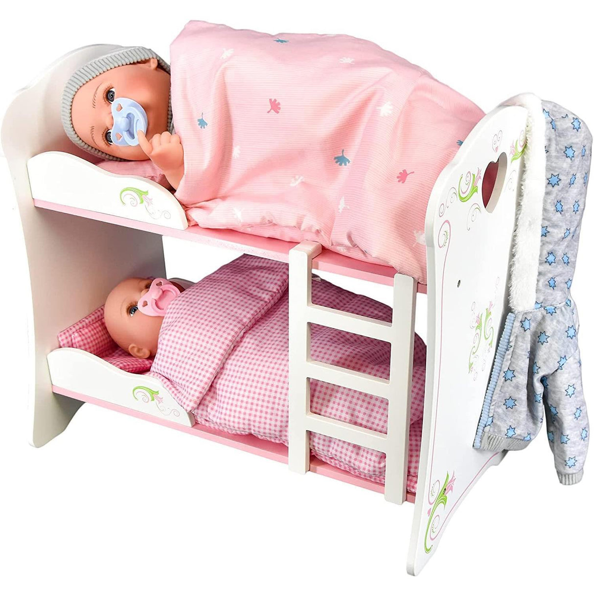 "Baby dolls in a mini bed with a pink comforter and white frame." - UKBuyZone