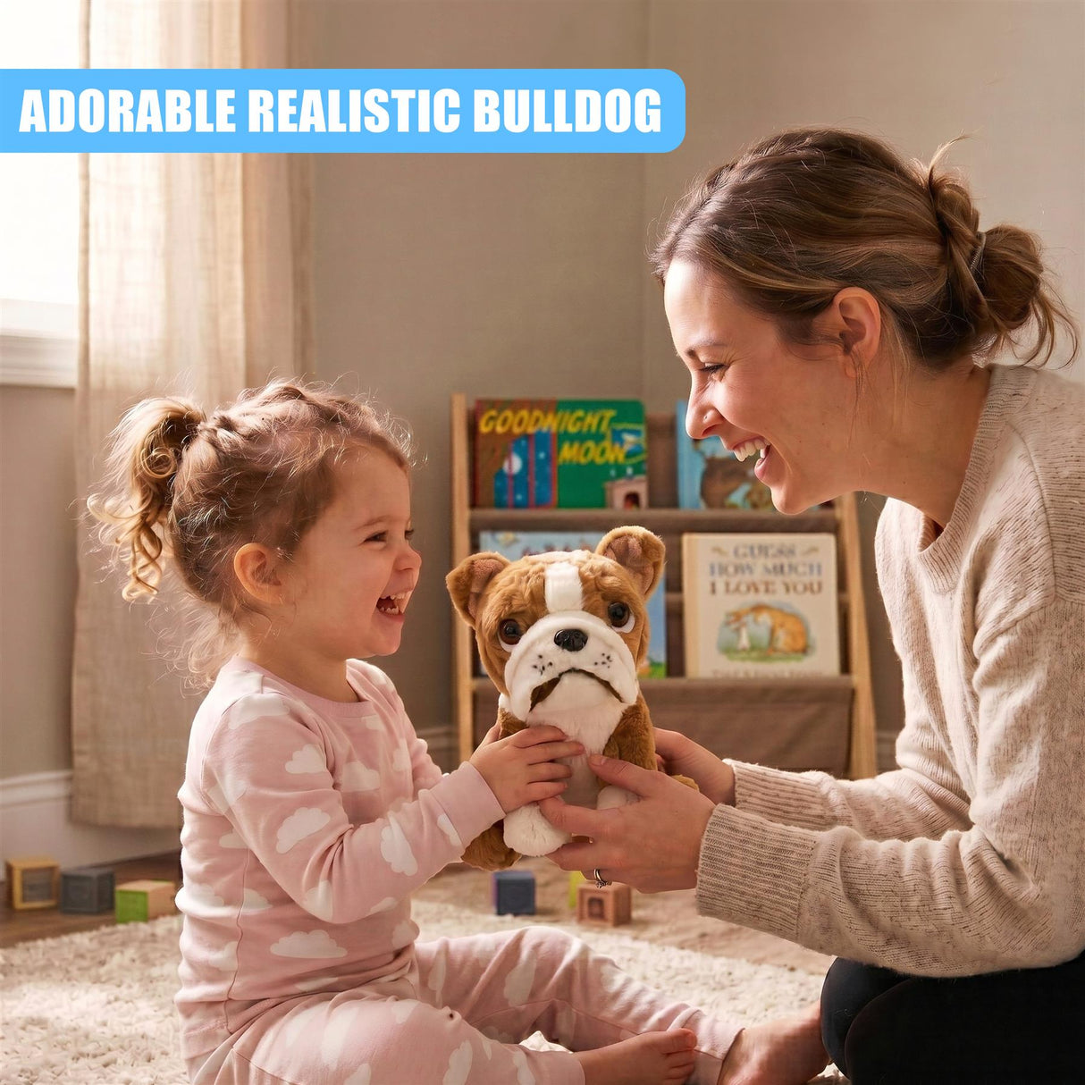 Girl and woman interact with a realistic plush toy of a brown and white bulldog.