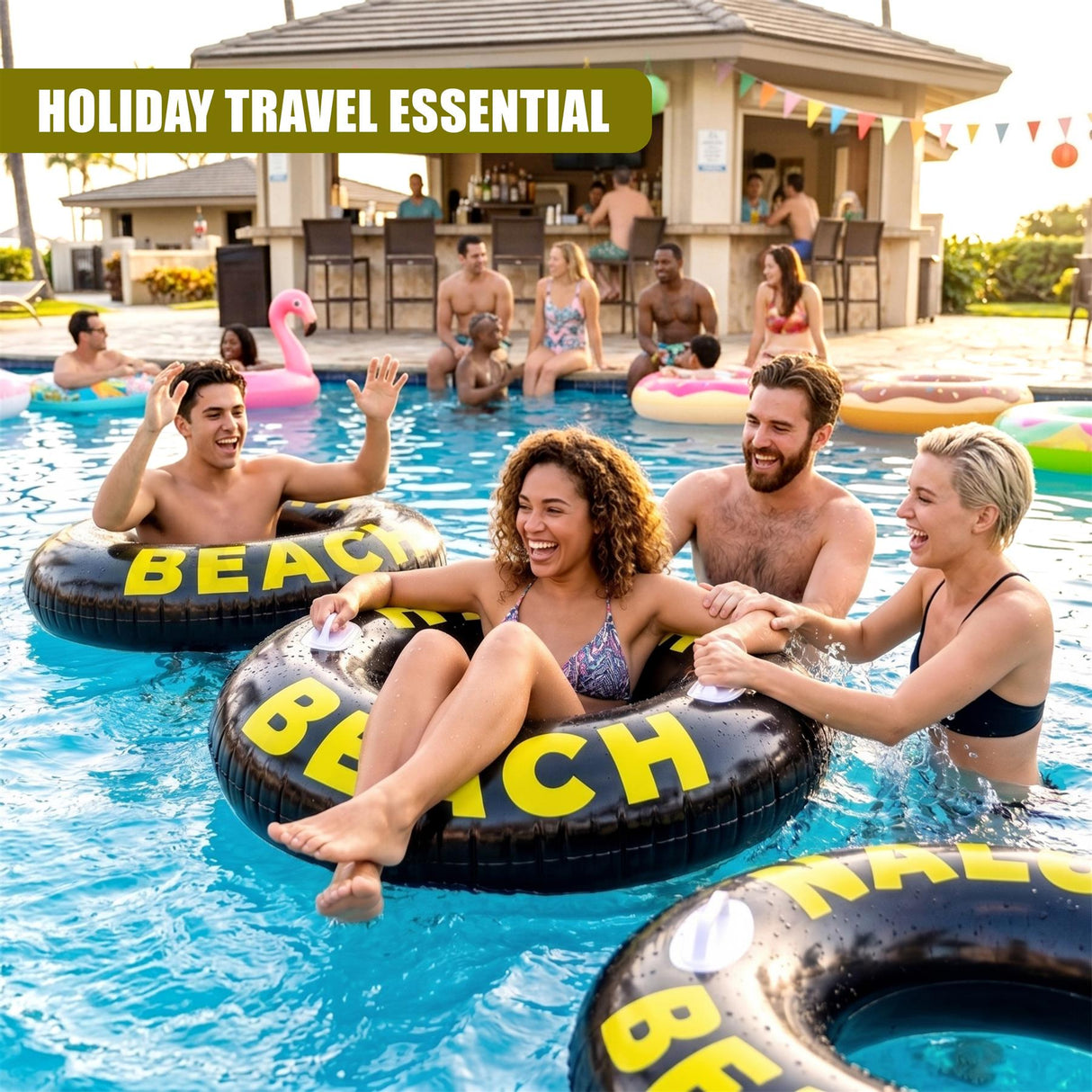 Black inflatable tire rings with yellow lettering float in bright blue pool water.