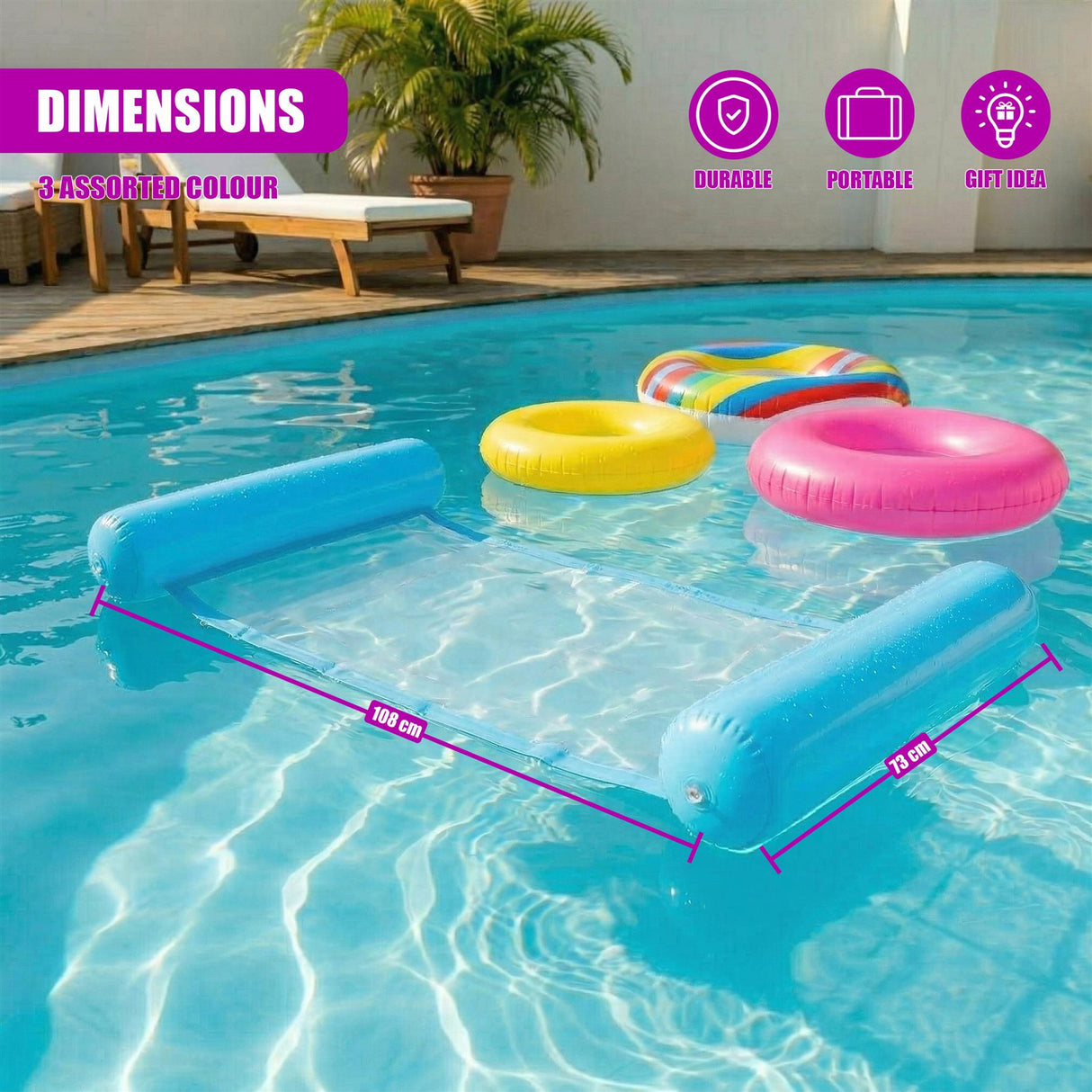 Blue inflatable hammock measures 108 by 73 cm, with other colorful rings floating in the pool.