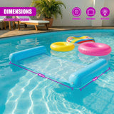 Blue inflatable hammock measures 108 by 73 cm, with other colorful rings floating in the pool.