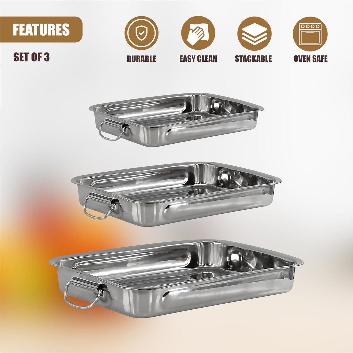 Set Of 3 Stainless Steel Roasting Trays