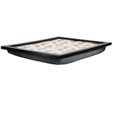A black and white tray with a white and red cherry design, featuring a flat bottom and a lip around the edge. - UKBuyZone