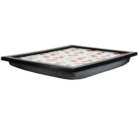 A black and white tray with a white and red cherry design, featuring a flat bottom and a lip around the edge. - UKBuyZone