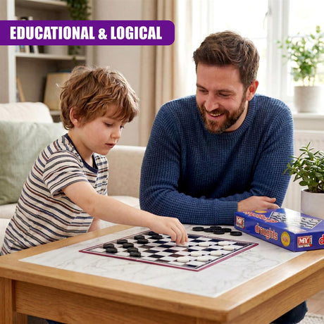 Folding draughts board laid out with pieces; the game box rests nearby on a wooden table.