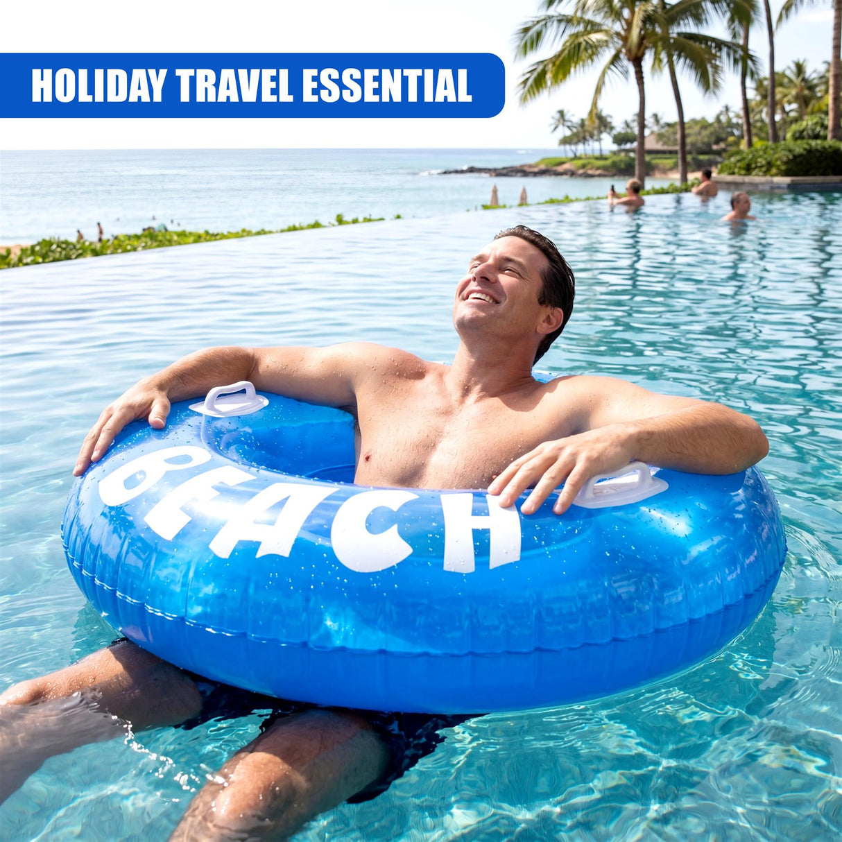 Blue inflatable ring with large white letters spelling BEACH, used by a person in a swimming pool.