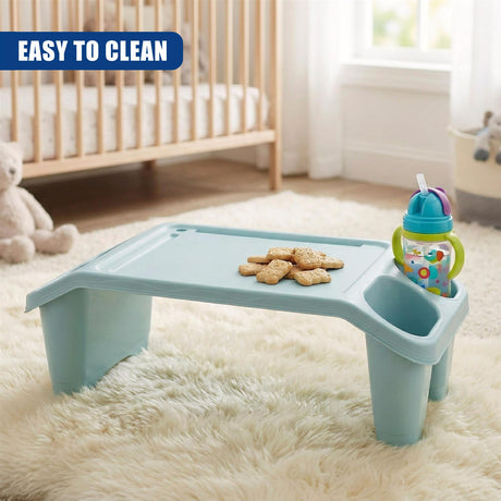 Blue and white baby changing table in a nursery, next to a toy bear. - UKBuyZone
