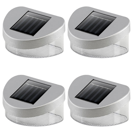 Three white solar fence lights featuring rectangular photovoltaic panels and cylindrical bases.
