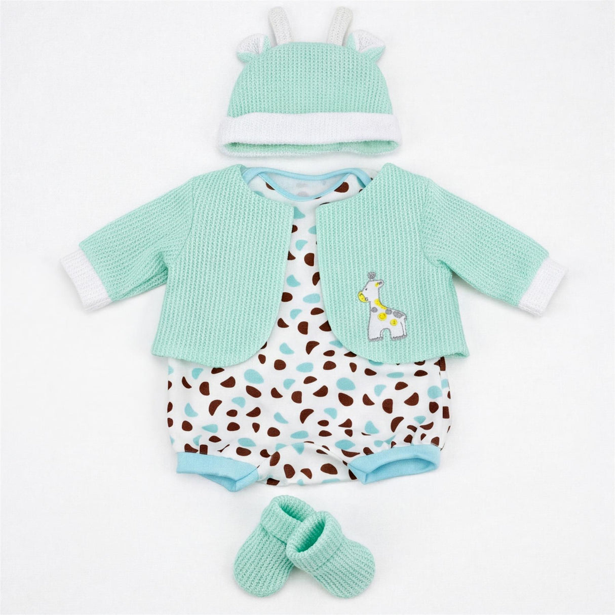 Mint green jacket, spotted romper, hat, and matching pants for a newborn doll outfit set.