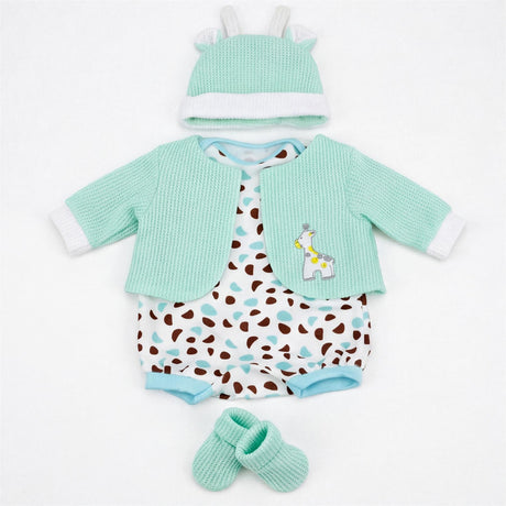 Mint green jacket, spotted romper, hat, and matching pants for a newborn doll outfit set.