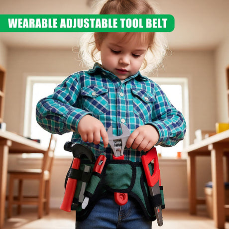 "A young child with a tool belt and tools, wearing a white shirt and blue jeans, standing in front of a wooden table." - UKBuyZone