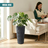 Tall, ribbed, anthracite flower pot displays a large, lush green tropical plant inside.