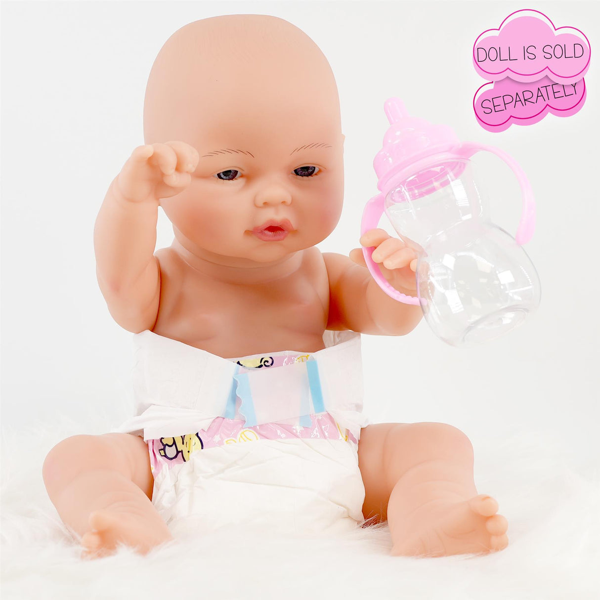 Doll model wearing a patterned diaper outfit while holding a translucent pink baby feeding bottle.