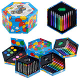 Assortment of colorful art supplies, including markers, crayons, and erasers, packaged in boxes.