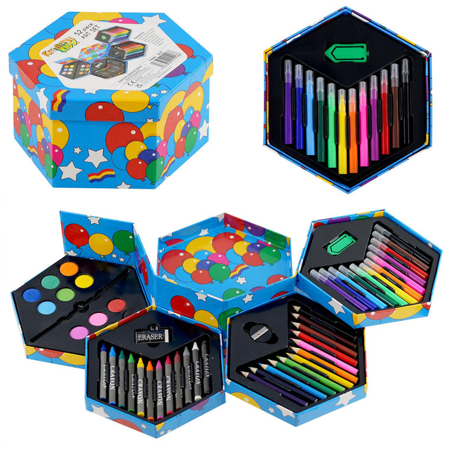 Assortment of colorful art supplies, including markers, crayons, and erasers, packaged in boxes.