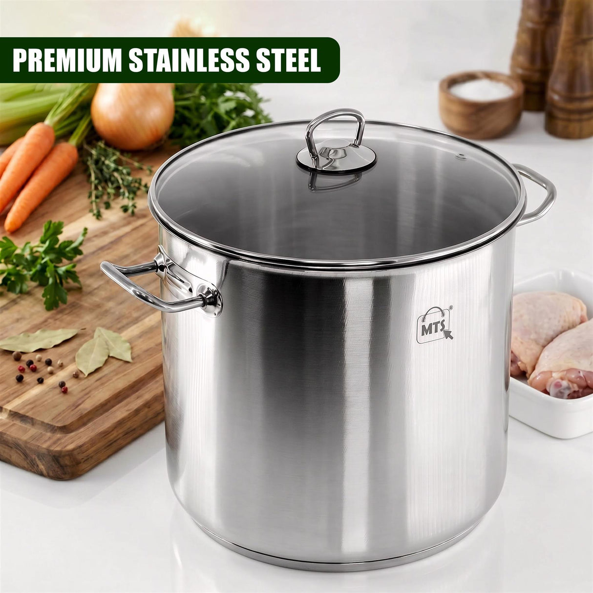Large stainless steel stockpot featuring a glass lid and side handles.
