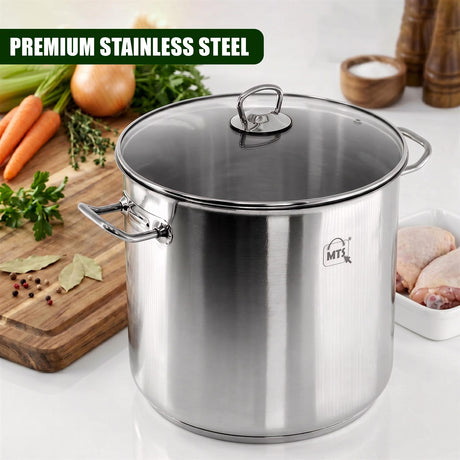 Large stainless steel stockpot featuring a glass lid and side handles.