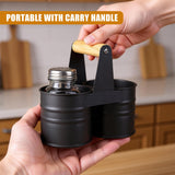 A person holding a black, metal salt and pepper shaker holder with two cylindrical containers. The holder has a wooden handle and a metal clip to keep the containers secure. - UKBuyZone