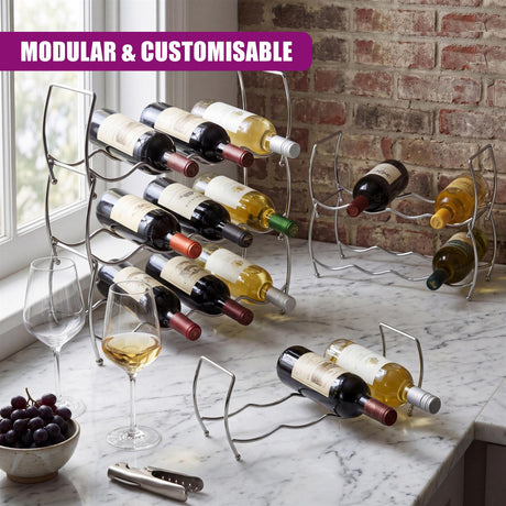 Metal, tiered wine rack displaying bottles on a marble counter near grapes and a wine glass.