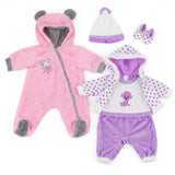 Set of plush doll clothes: pink hoodie, purple top and pants, hat, and shoes.