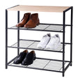 Three-tier shoe rack featuring brown boots, white sneakers, and pairs of black dress shoes.