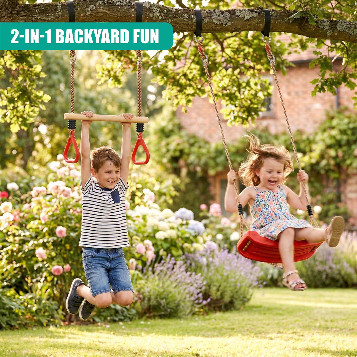 Swing and trapeze bar set in use by two children hanging from a branch in a garden.