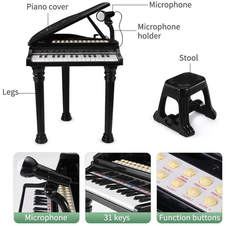 The Magic Toy Shop Black Electronic Piano With Microphone and Stool