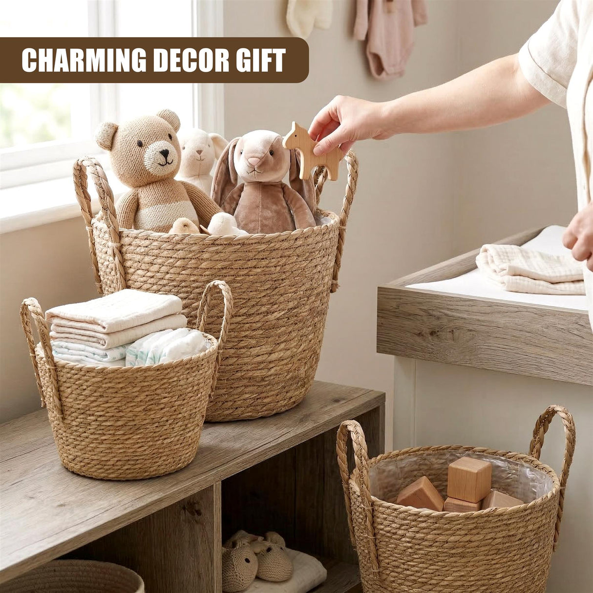 Set of 3 Wicker Planters with Handles