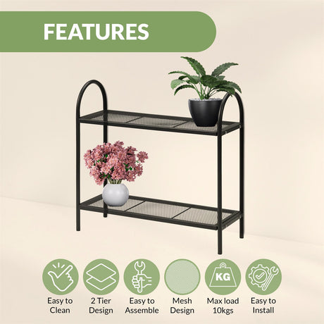 "Two-tiered metal plant stand with a sleek design and sturdy construction. Perfect for both indoor and outdoor use."