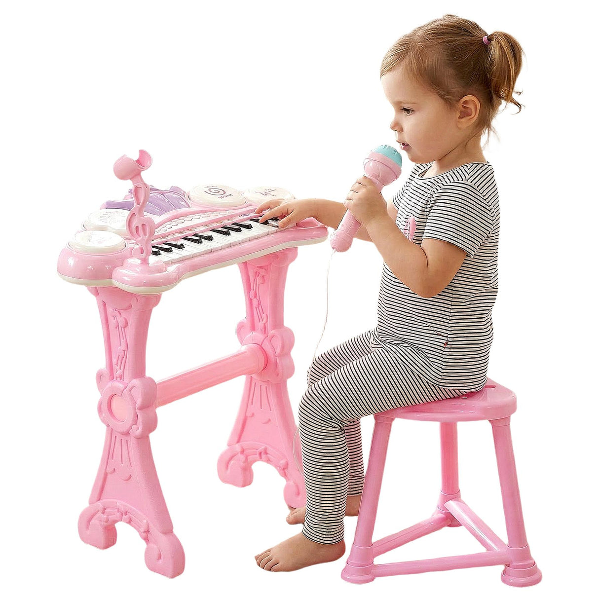 Pink Piano Toy with Microphone and Stool