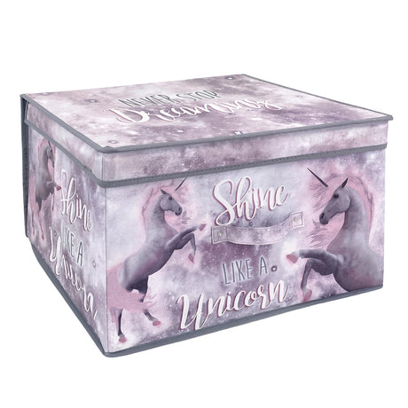 A large storage box featuring a pink and purple unicorn design with inspirational text on the lid and sides