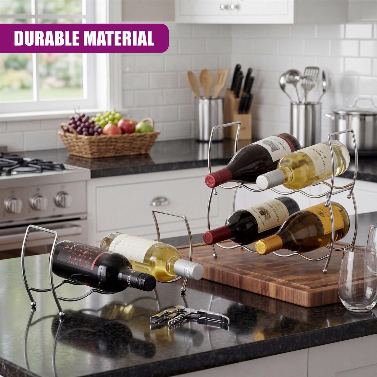 A tiered metal wine storage rack holds several wine bottles on a dark kitchen countertop.