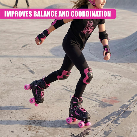 A smiling girl wearing black and pink roller skates and protective gear skating on a concrete ramp