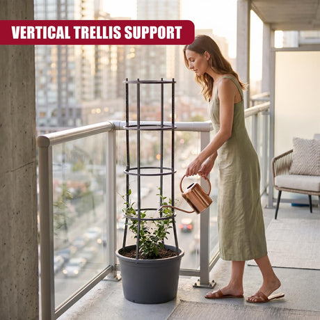 Multi-tiered black metal vertical trellis support holding potted plants on a balcony.