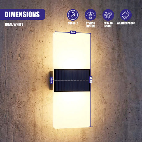 Vertical wall light fixture composed of a dark solar panel and a large rectangular illuminated diffuser.