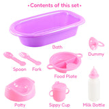 "A pink baby doll bath set with various accessories."