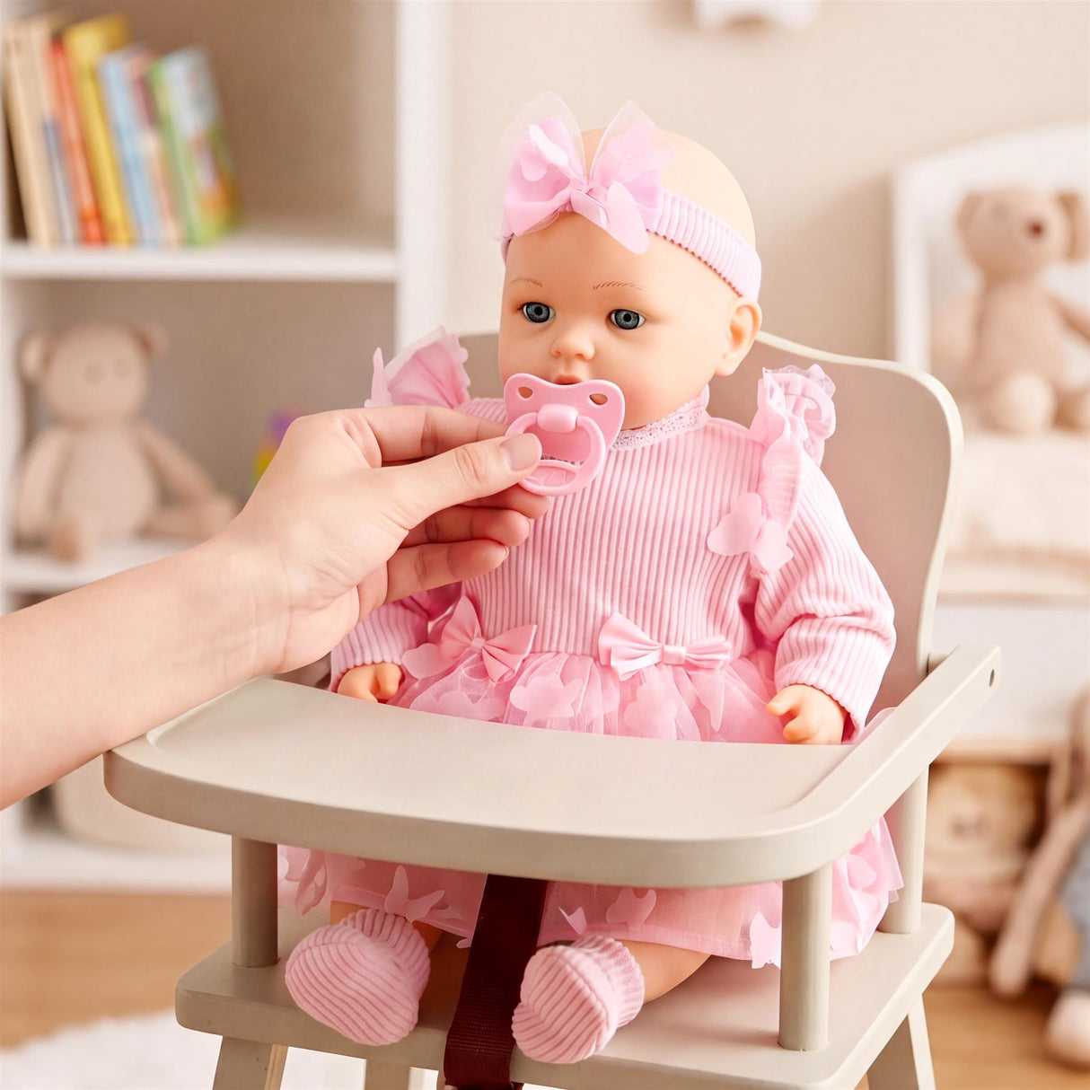 Hand holds pink pacifier near a doll dressed in pink, seated in a baby rocking chair.