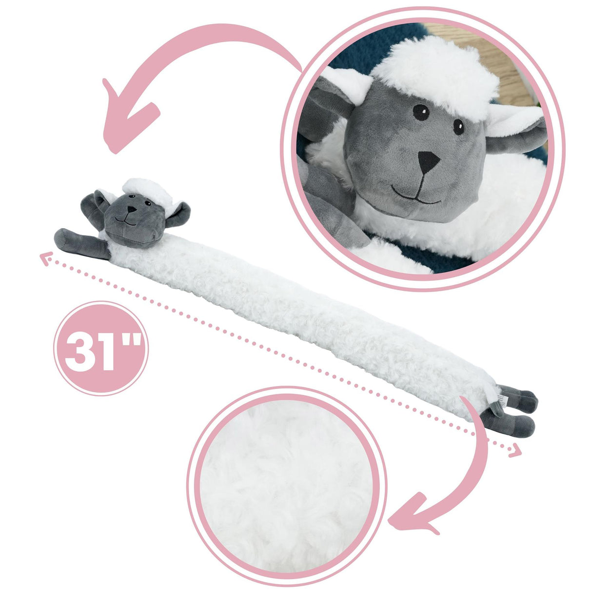 A novelty white sheep draught excluder designed for doors, measuring 31 inches in length. The excluder features a cute sheep head with a friendly expression and soft, fluffy fabric. The body is elongated and plush, providing a whimsical and functional addition to home décor.

Keywords: draught excluder, door stopper, home décor, sheep design

ukbuyzone