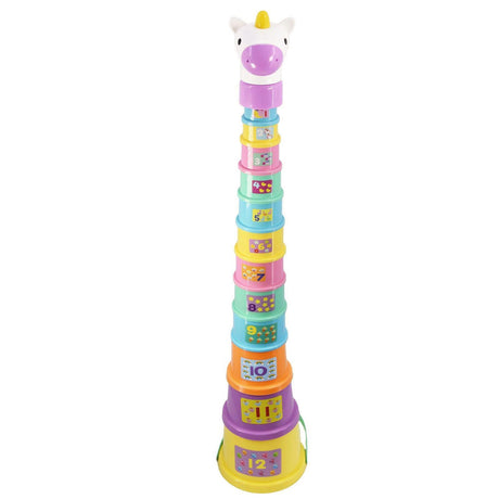 Unicorn stacking cups toy with colors and numbers, ideal for children's learning play.