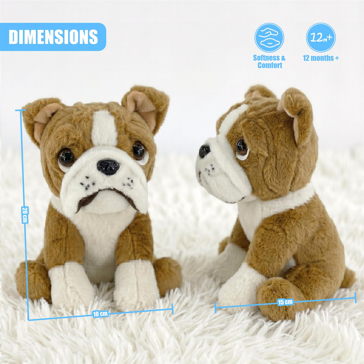 Dimensions show two stuffed plush bulldog toys measuring 22 cm and 15 cm on a white surface.
