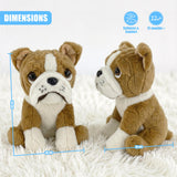 Dimensions show two stuffed plush bulldog toys measuring 22 cm and 15 cm on a white surface.